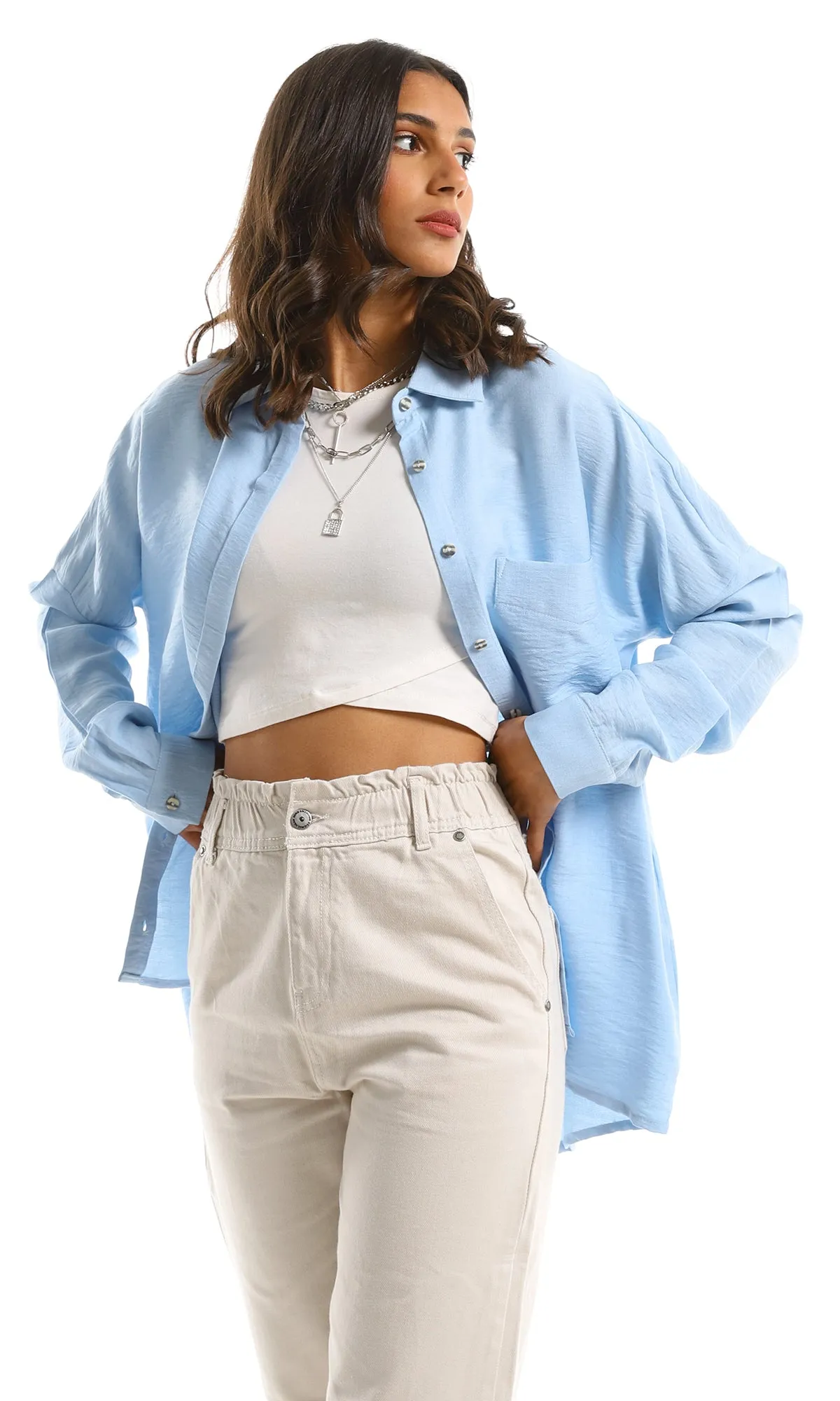 98248 Comfy Solid High-Low Buttoned Light Blue Shirt
