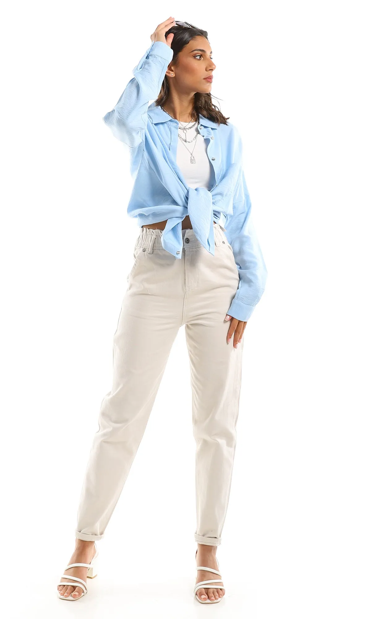 98248 Comfy Solid High-Low Buttoned Light Blue Shirt