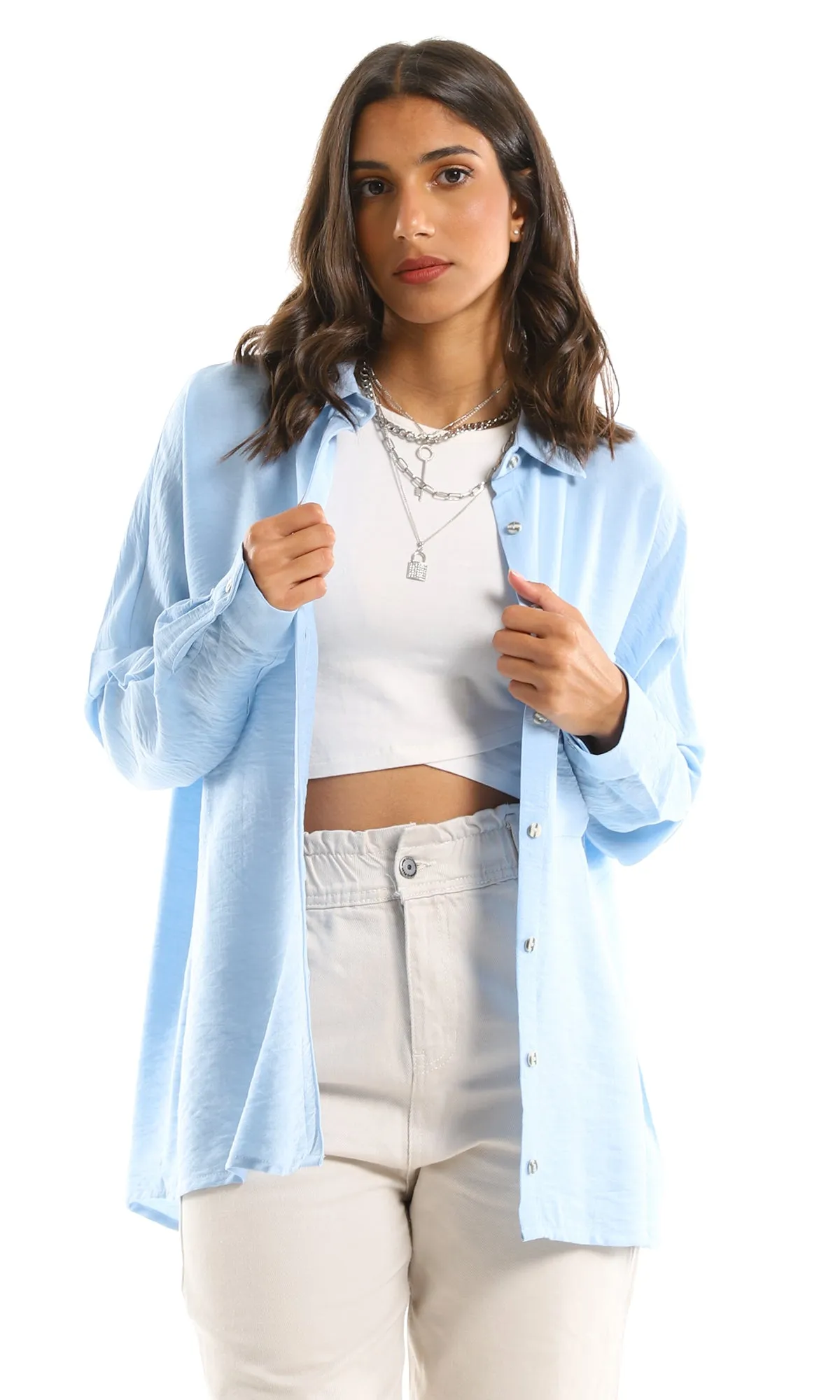 98248 Comfy Solid High-Low Buttoned Light Blue Shirt