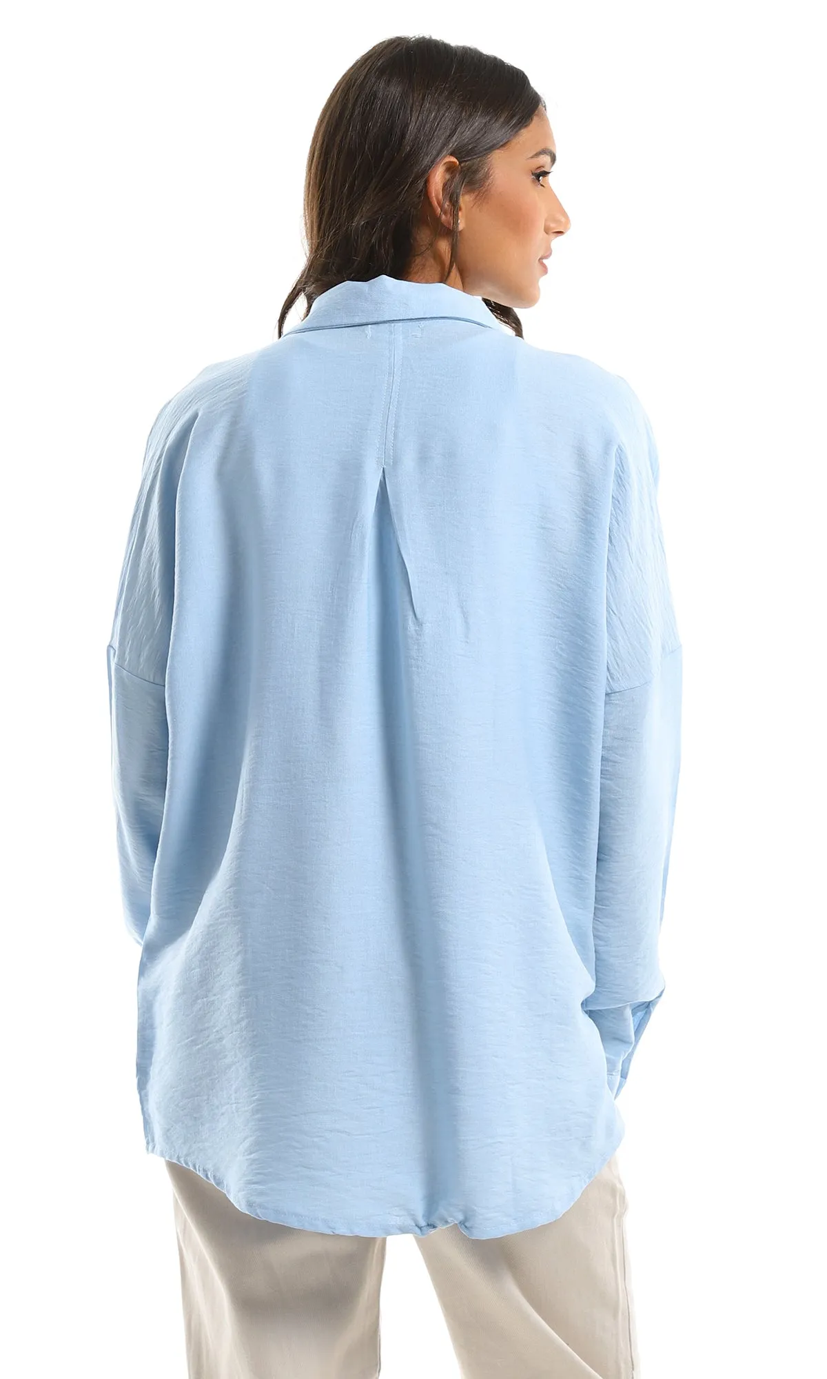 98248 Comfy Solid High-Low Buttoned Light Blue Shirt