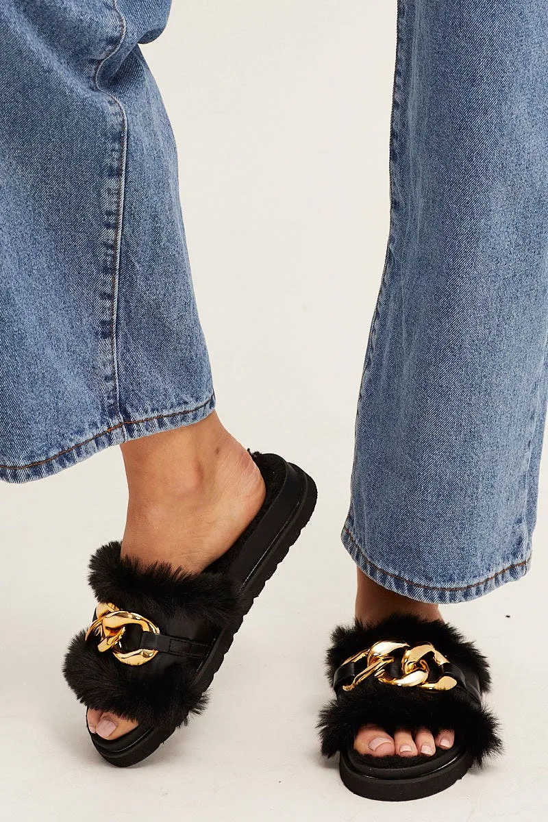 Black Faux Fur Chain Slippers