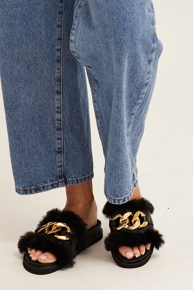 Black Faux Fur Chain Slippers