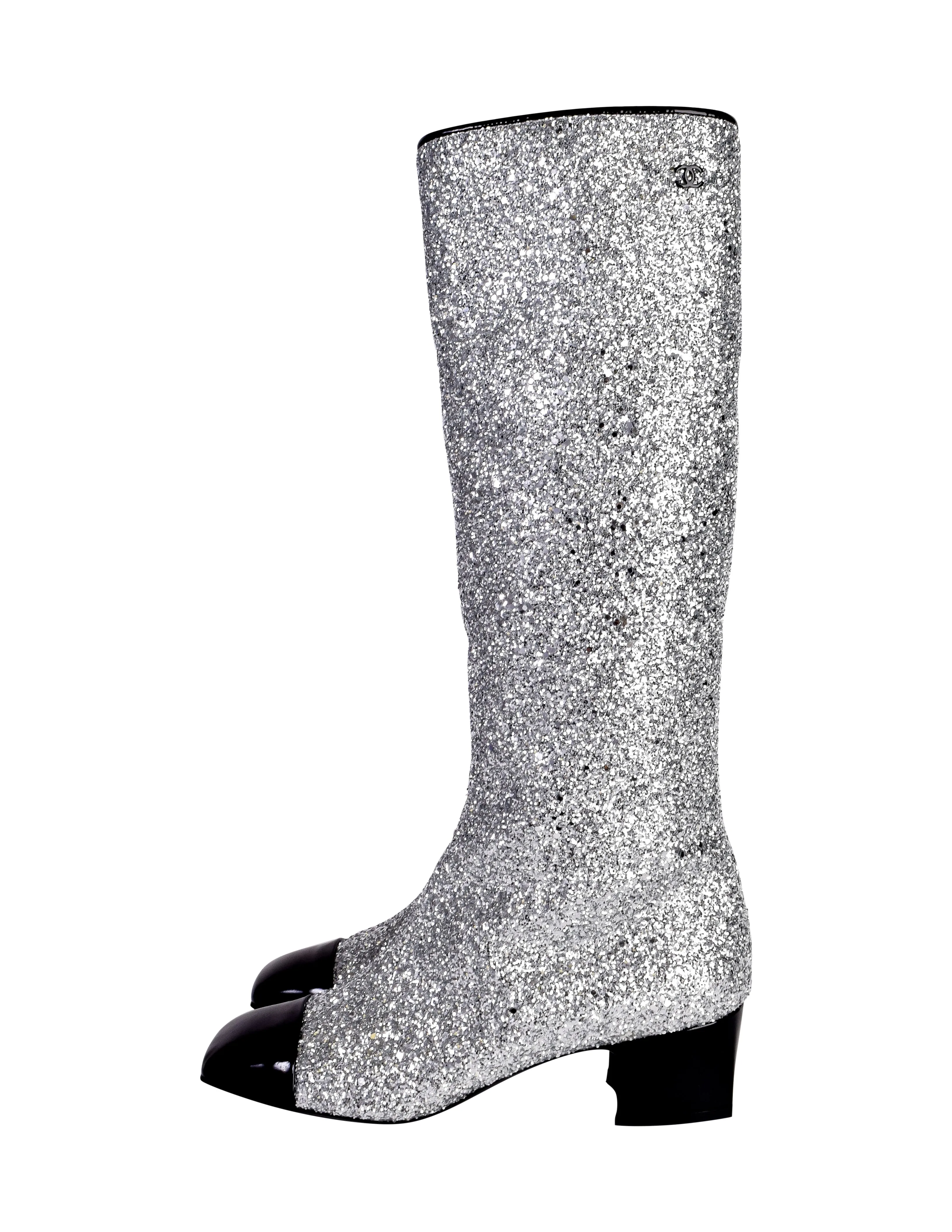 Chanel AW 2017 Iconic Silver Glitter Black Patent Leather Boots
