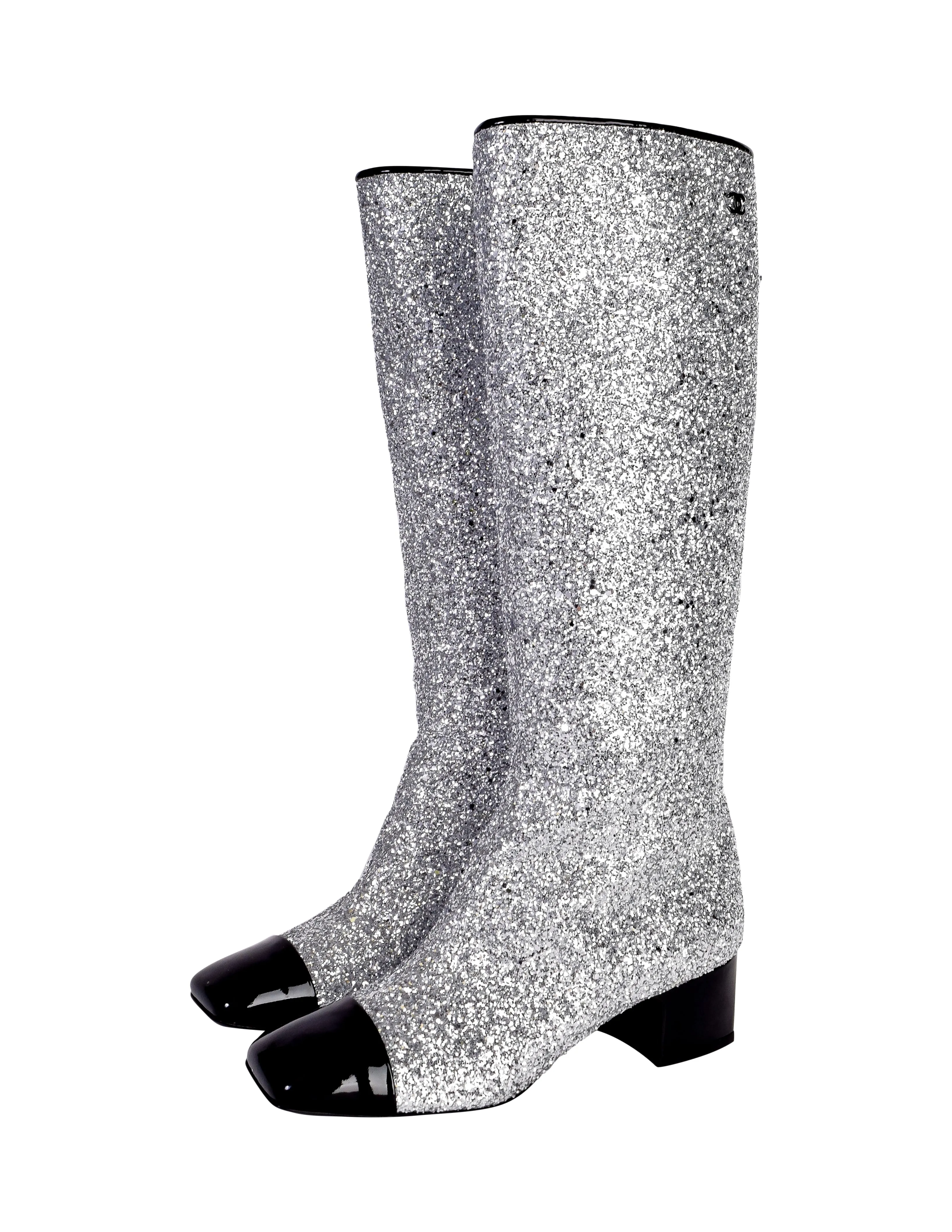 Chanel AW 2017 Iconic Silver Glitter Black Patent Leather Boots