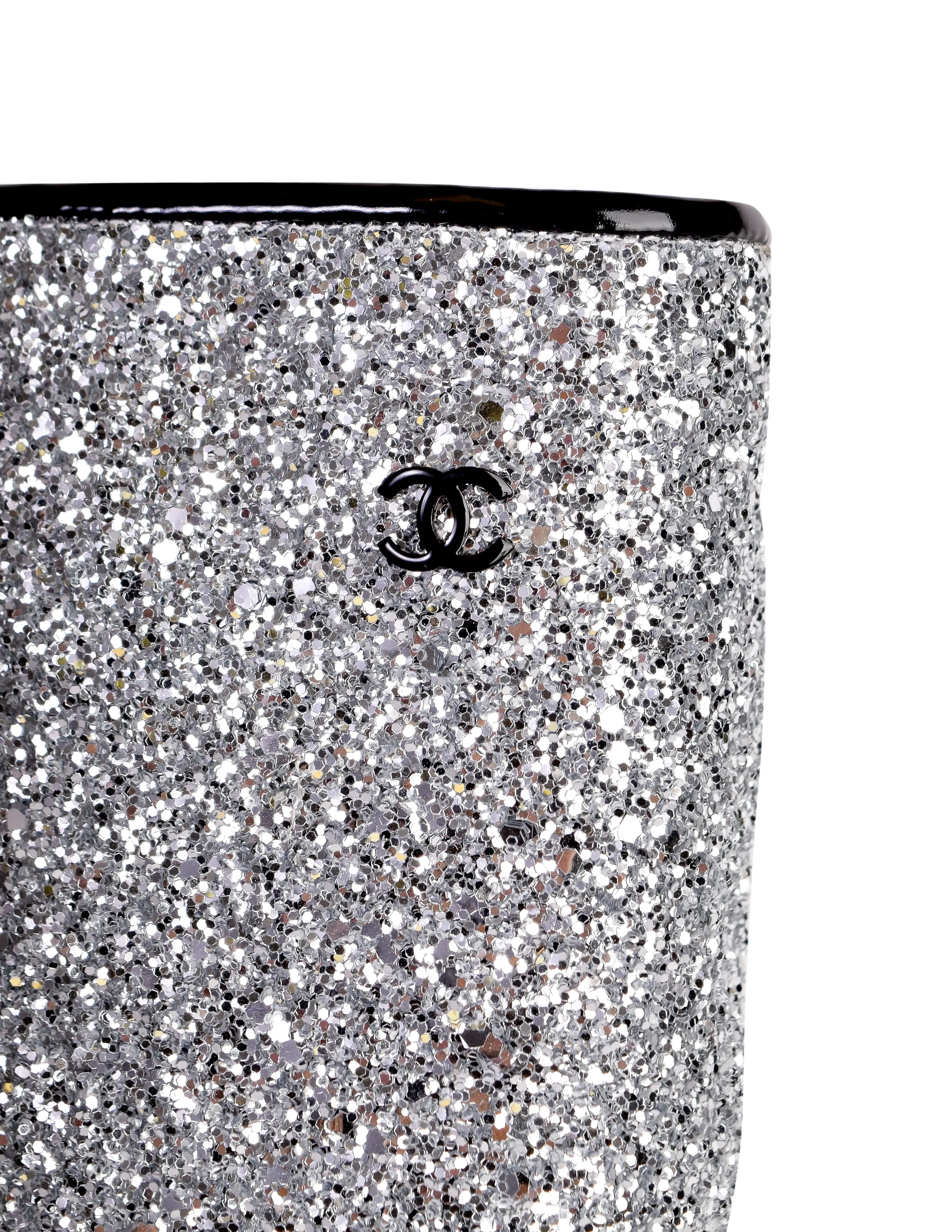 Chanel AW 2017 Iconic Silver Glitter Black Patent Leather Boots