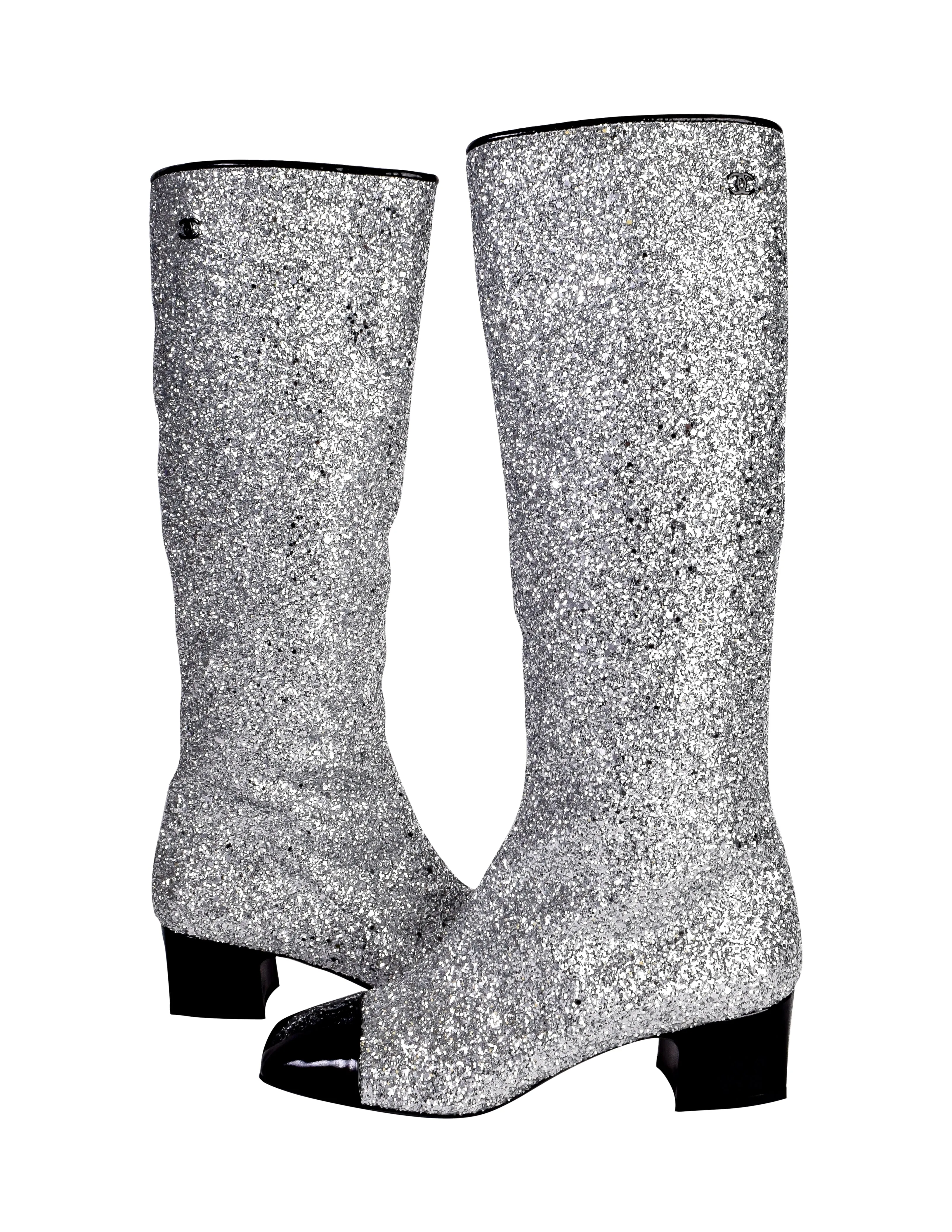 Chanel AW 2017 Iconic Silver Glitter Black Patent Leather Boots
