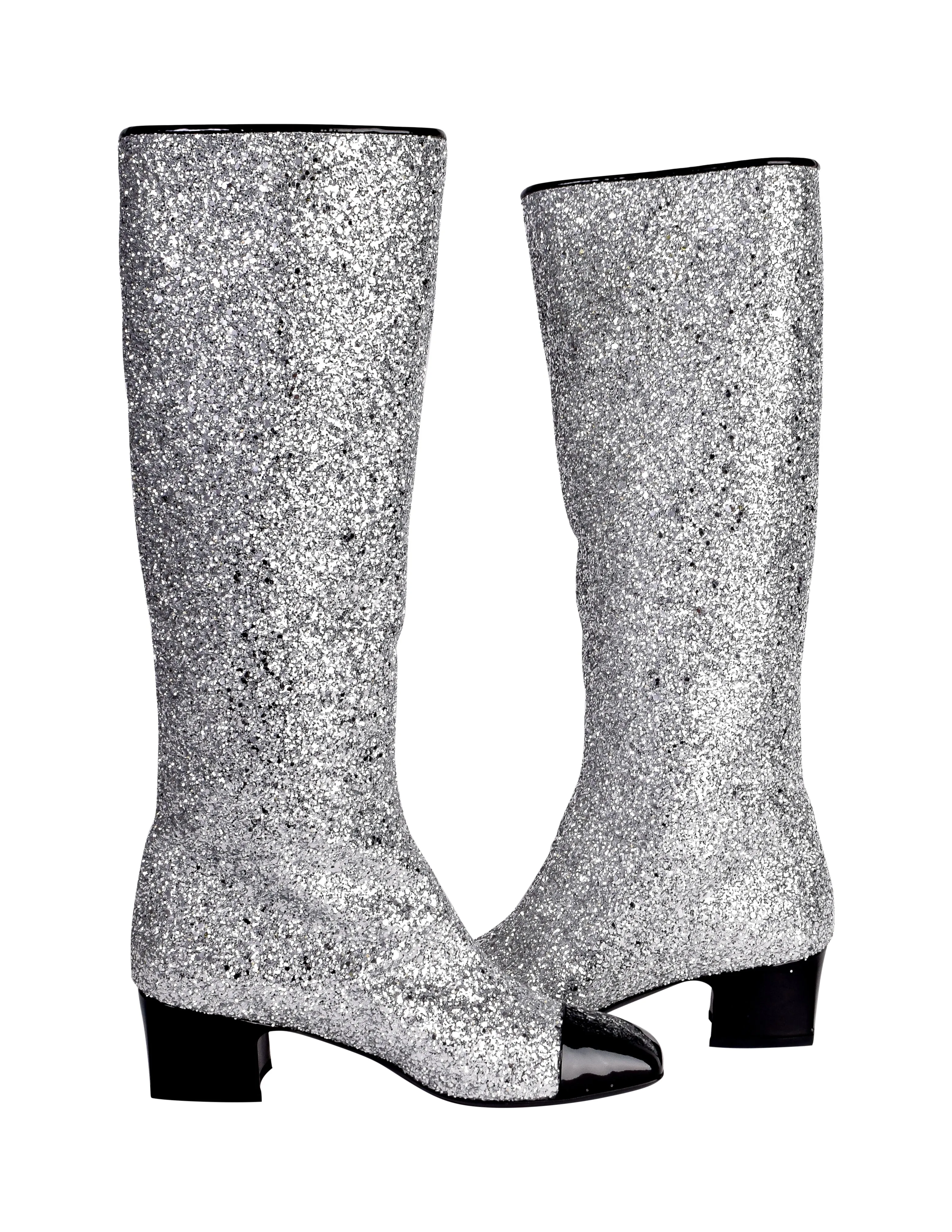 Chanel AW 2017 Iconic Silver Glitter Black Patent Leather Boots