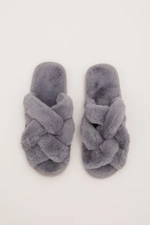 Grey Faux Fur Slippers