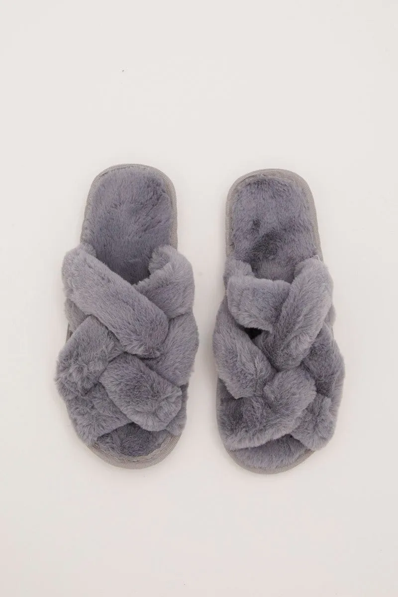 Grey Faux Fur Slippers