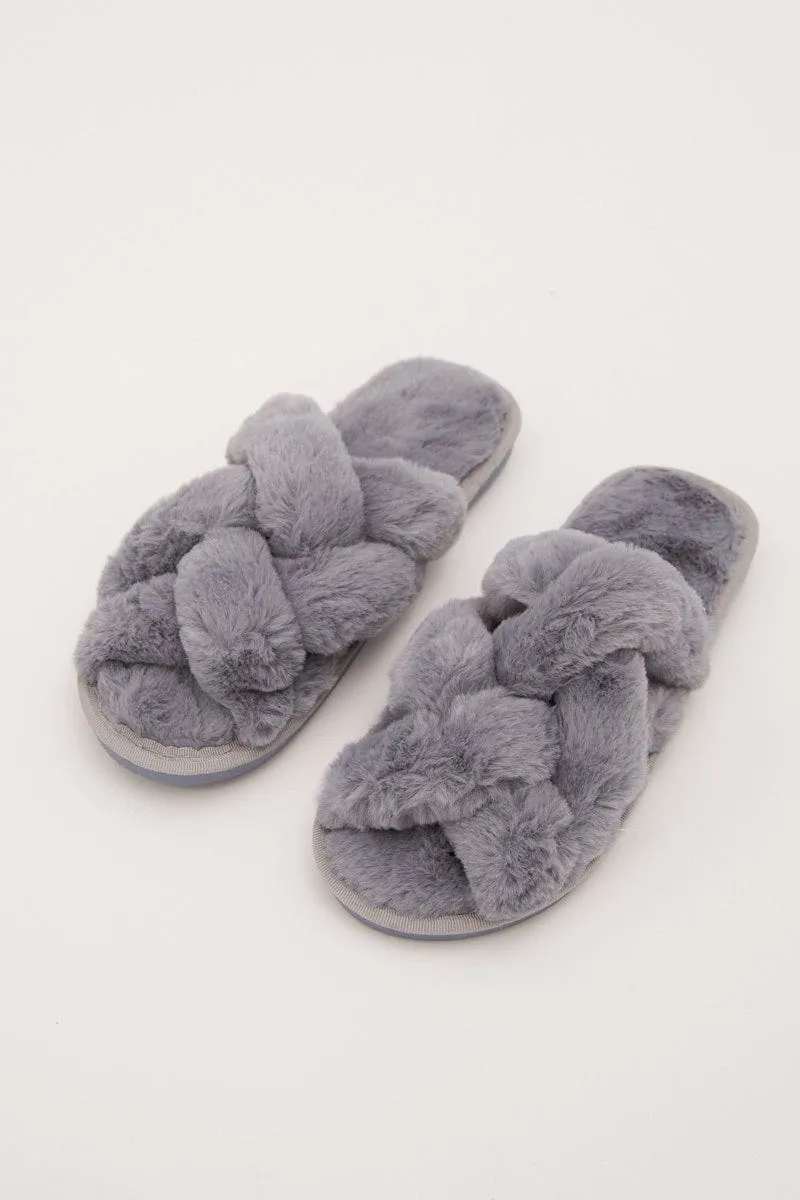 Grey Faux Fur Slippers