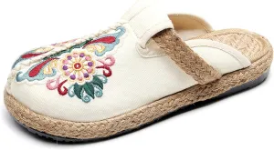 Hee grand Women's Embroidered Espadrilles Slip On Mule Slippers Ethnic Style Cotton and Linen Flats Retro Chinese Style