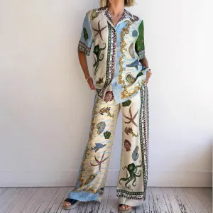 Womens Shirt and Pants Set  Linen Blend  Relaxed Fit  Wide Leg  Marine Print