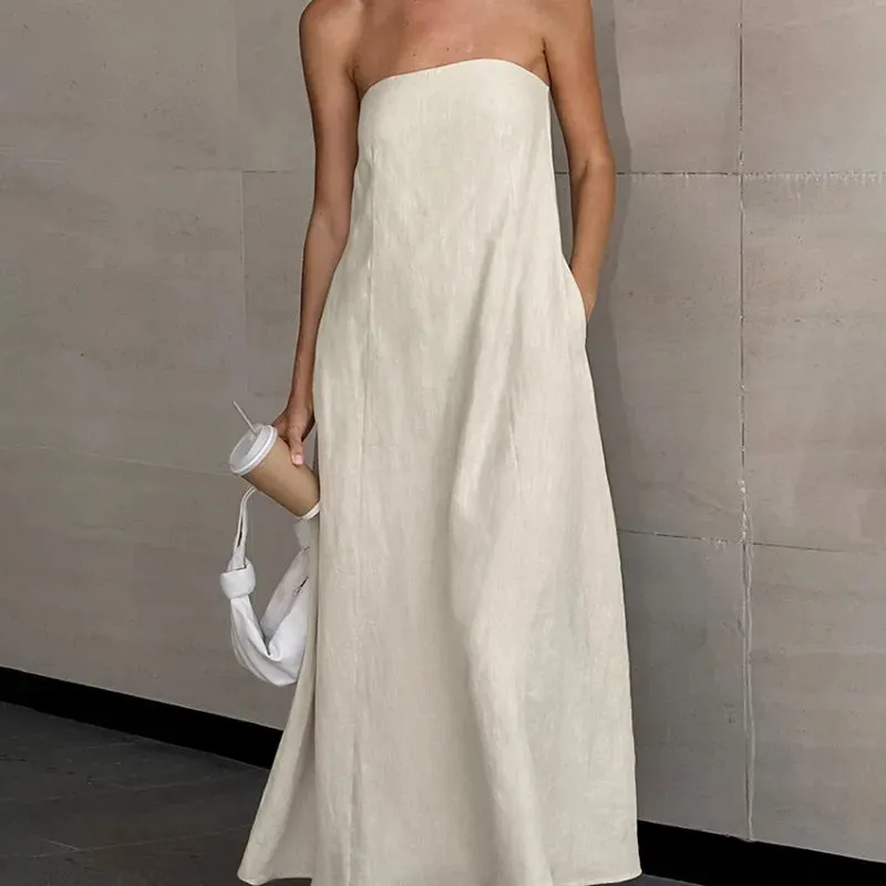 Womens Strapless Dress  Cotton Linen Blend  Relaxed Fit  Full Length Backless