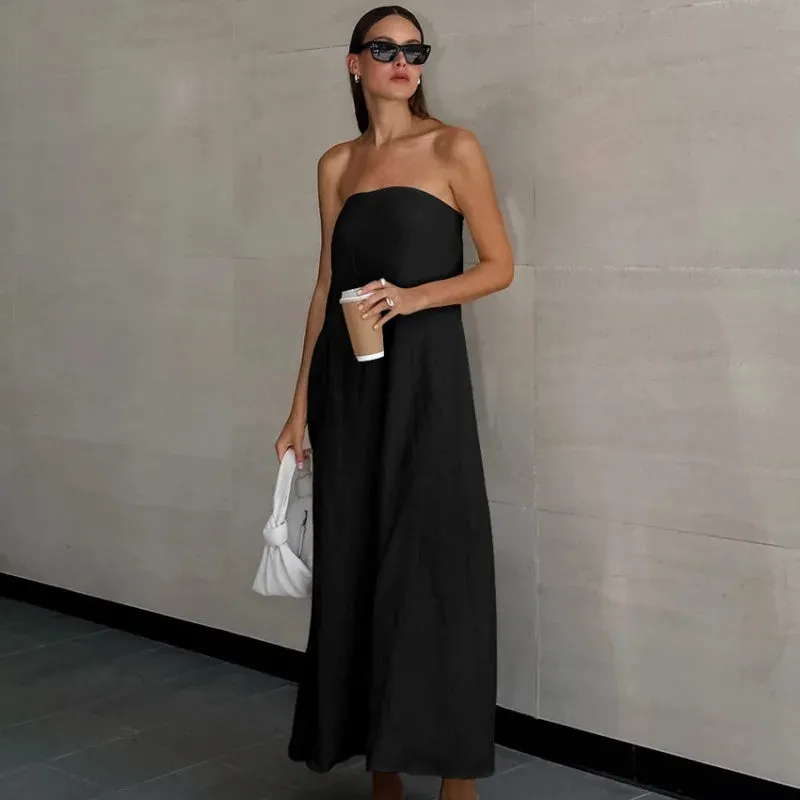Womens Strapless Dress  Cotton Linen Blend  Relaxed Fit  Full Length Backless