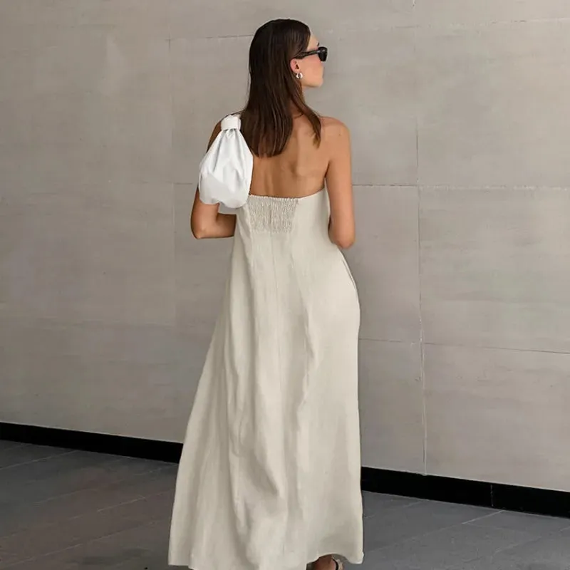 Womens Strapless Dress  Cotton Linen Blend  Relaxed Fit  Full Length Backless